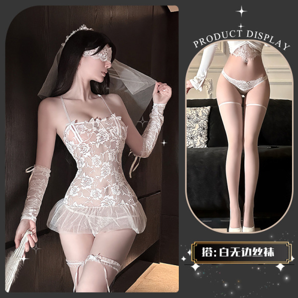 Dreamy Bridal Lingerie Set - Sensual Lace Sheer Mesh Romantic Wedding Underwear for Women - Begonia Tears Flower + White Boundless Stockings