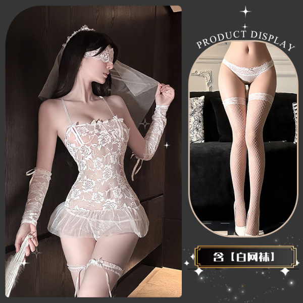 Dreamy Bridal Lingerie Set - Sensual Lace Sheer Mesh Romantic Wedding Underwear for Women - Begonia Tears + White Fishnet Stockings