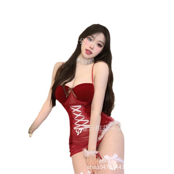 Sexy red bunny girl costume set, perfect for halloween, featuring a revealing uniform with lace details and fluffy accents.