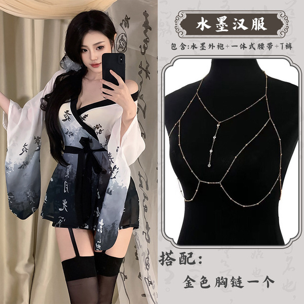 Lobei Sexy Japanese-Style Kimono Sleepwear Set for Women – Chiffon Robe with Bow-Tie Details & Matching Lingerie - Ink painting style Hanfu + gold chest chain