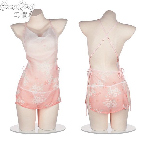 Hanfu-inspired erotic lingerie dress for women – sakura lace sheer backless tie-strap kimono style nightwear