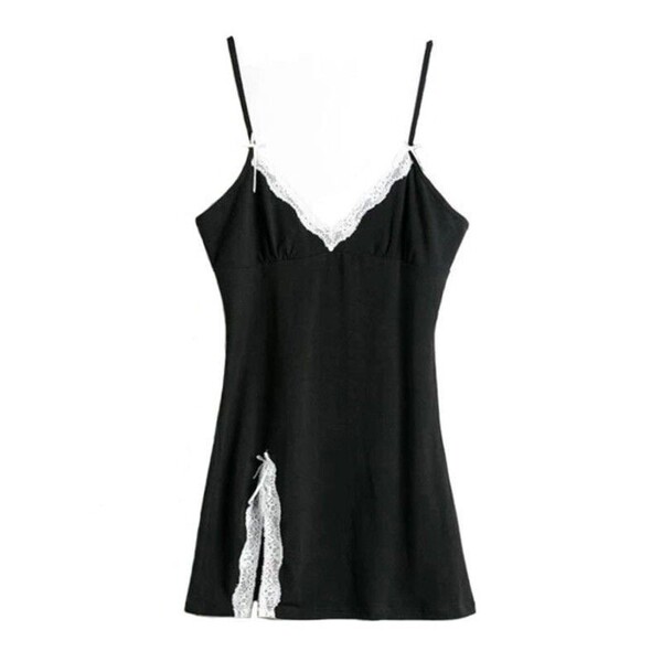 Hanno sensual lingerie set - black spaghetti strap nightgown with lace trim and side slit for romantic sleepwear.
