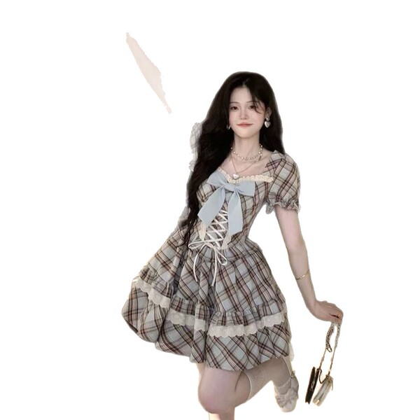 Hazelnut latte plaid wrap waist dress with bow - summer slim-fit short dress for petite women, featuring lace details and a c...