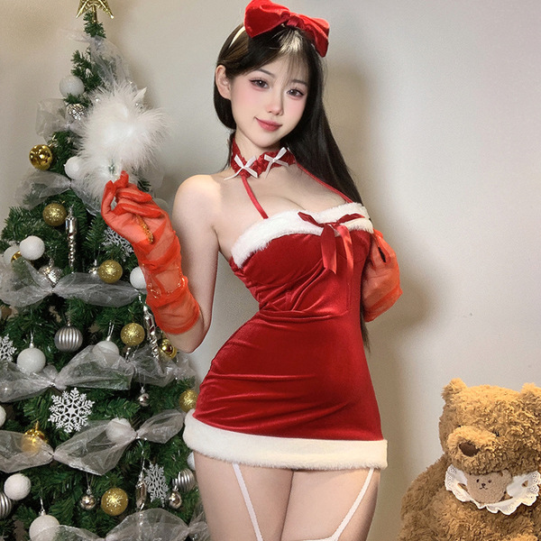 Festive Velvet Lingerie Set - Cozy Winter Holiday Costume for Women, Sexy Christmas Cosplay Outfit - 9889 [Headwear + Skirt + Gloves]