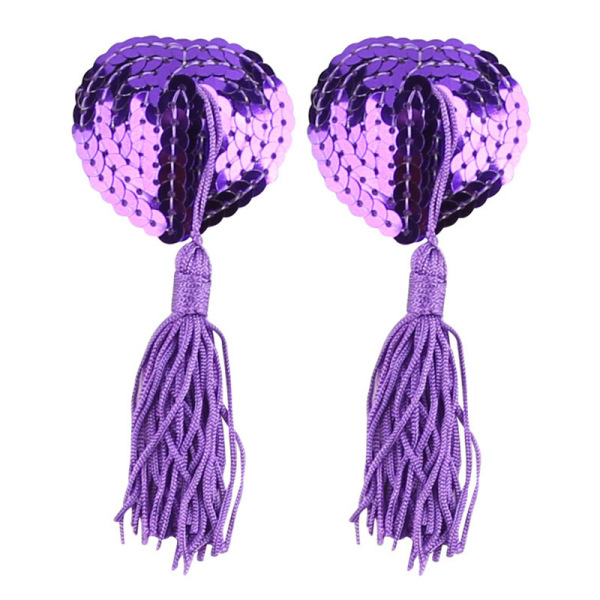 Purple heart-shaped sequin nipple covers with tassels for women.