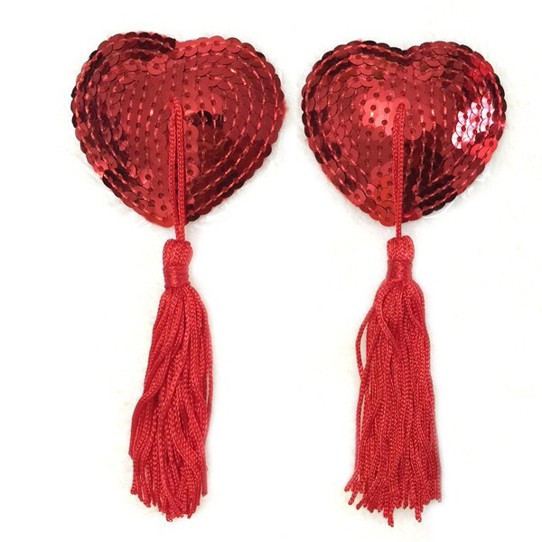 Red sequin heart-shaped nipple covers with tassels - flirty lace trim silicone bra inserts for women.