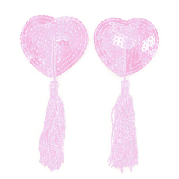 Pink heart-shaped silicone bra inserts with sequins and tassels, featuring lace trim for a flirty look.