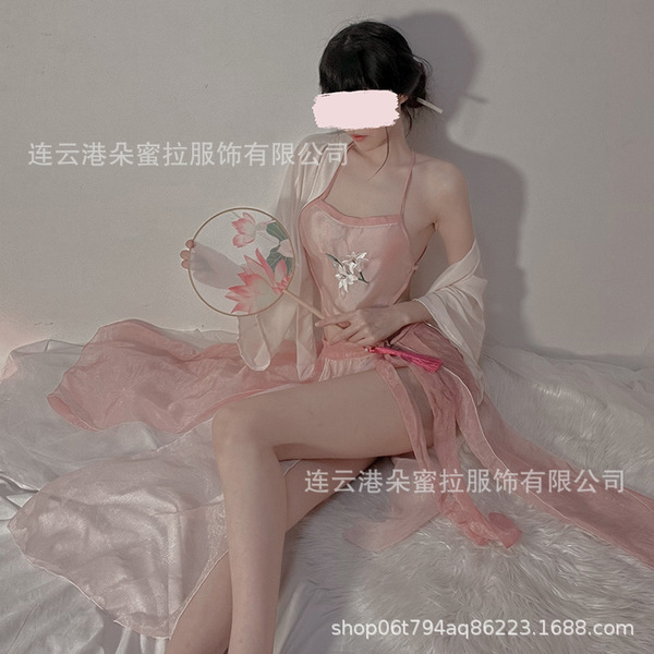 Domoila Vintage-Inspired Sensual Silk-Look Cheongsam Bralette Set - Pure Temptation Lingerie for Date Night - Model's folding fan - lotus