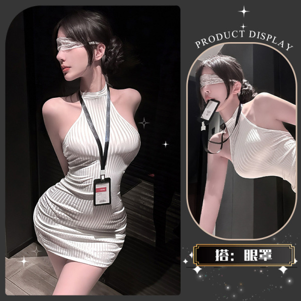 Chao Mu Sexy Secretary Costume Set - Seductive Lingerie Outfit with Bodycon Mini Skirt for Playful Elegance - Secret Branch Small Buttocks * White + Eye Mask