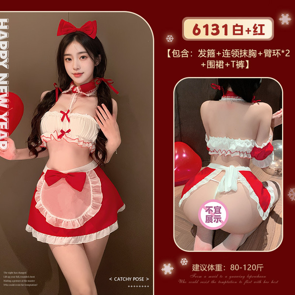 Feimu Warm Bed Maid Costume Set - Sexy Busty Uniform with Thong & Tube Top, New Year Lingerie Outfit - 6977890233501◆Enjoy New Year's Eve◆ White + Red [Headband + Neckline Bandeau + Armbands * 2 + Apron + T-shirt]