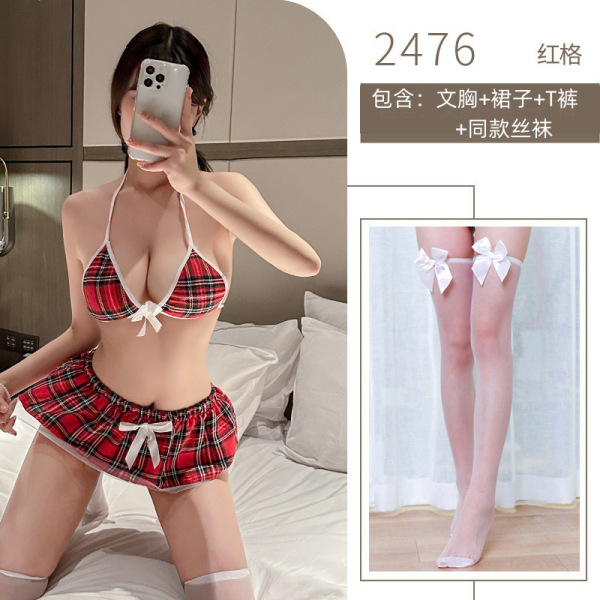 Red Plaid Schoolgirl Mini Skirt Set - Seductive Naughty Christmas Costume for Adults - Red plaid suit + white butterfly stockings