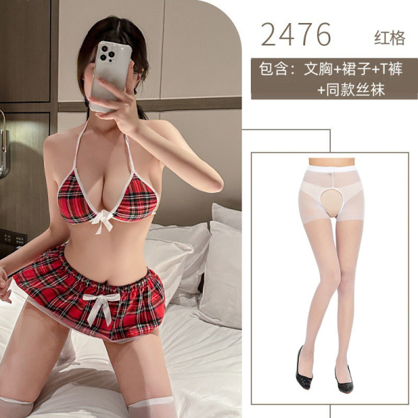 Red Plaid Schoolgirl Mini Skirt Set - Seductive Naughty Christmas Costume for Adults - Red plaid suit + white open-crotch socks
