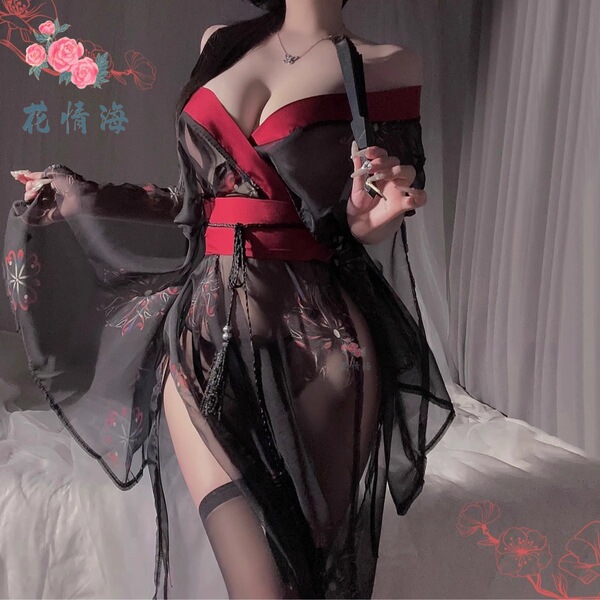 Hua qing hai japanese-style lingerie kimono set - black floral print seductive no-remove outfit for women, featuring elegant ...