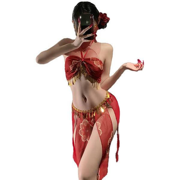 Vintage-inspired red sheer panel dress with gold accents, featuring a neck-hanging bralette design, perfect for sexy sleepwea...