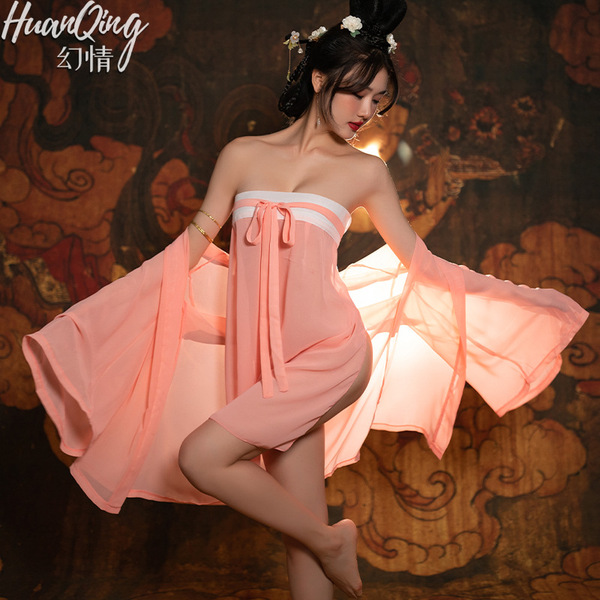 Huanqing vintage chinese silk sleep set featuring pearl-embellished hanfu-style design, showcasing a busty nightgown and halt...