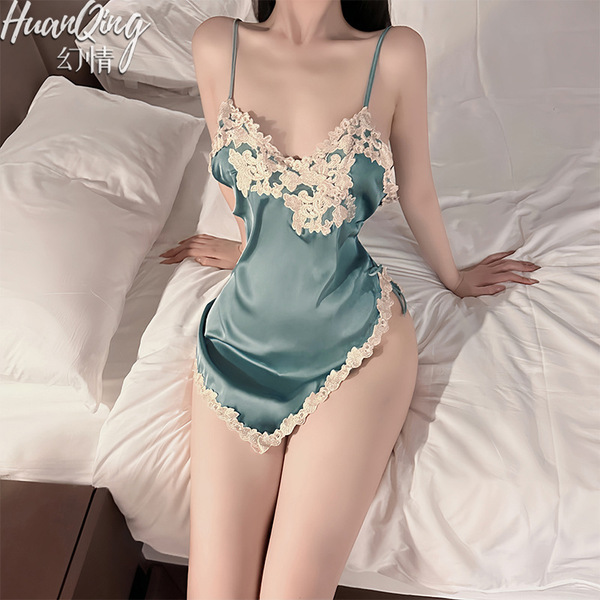 Huanqing vintage embroidered lace cami sleep dress – sexy pure-temptation lingerie set, no-remove seductive nightwear