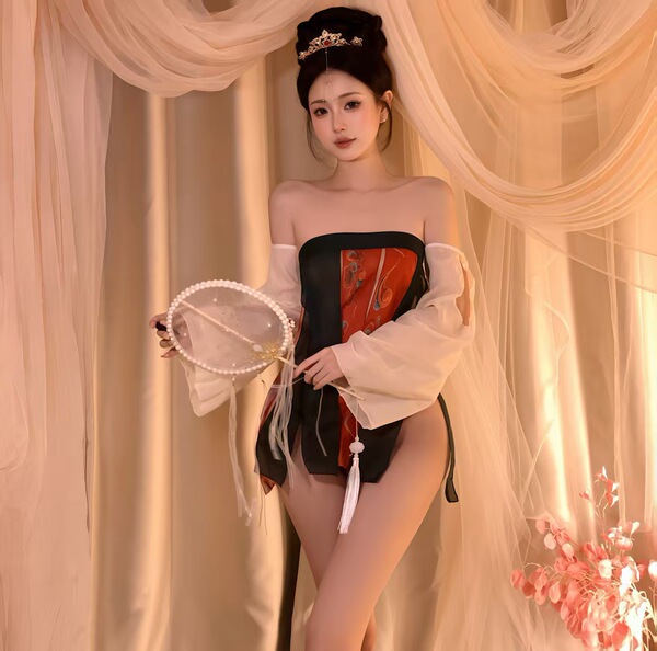 Lubei Vintage Chinese-Inspired Lingerie Set – Plus Size Hanfu-Style Busty Bodysuit, Modest Yet Alluring Sleepwear Ensemb - Fox Spirit Girl [Bodyband + 2 Sleeves + T-shirt]