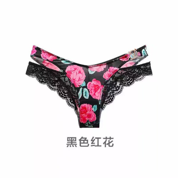 Black lace-trimmed floral design triangle panties featuring seamless construction and v-cut hip lift for enhanced comfort and...