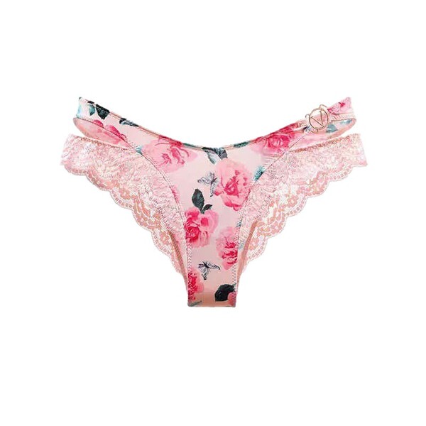 Pink floral design ice silk lace triangle panties featuring seamless construction, v-cut hip lift, and hollow-out detail for ...