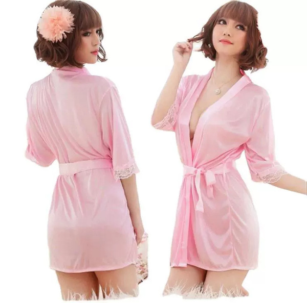 Ice silk lingerie set featuring a sexy pink bathrobe with lace details and a kimono-inspired design, perfect for intimate mom...