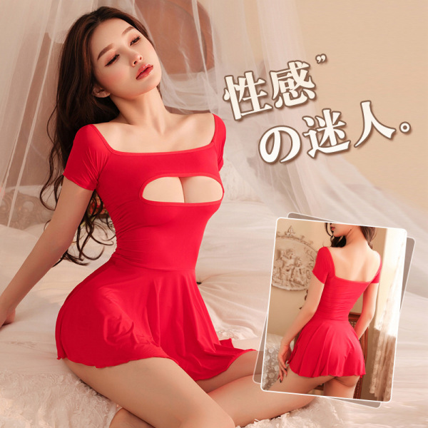 Woman wearing red ice silk lingerie set with revealing chest cutout and bodycon mini dress, shown front and back views.
