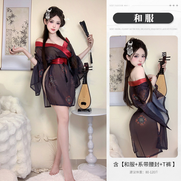 Japanese-Style Sexy Lingerie Kimono Set - Pure & Tempting No-Remove Sleepwear in Black with Floral Print - Image color
