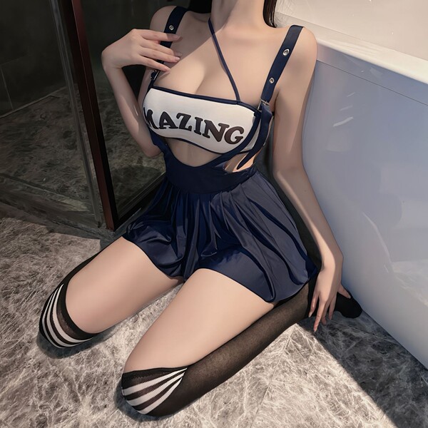 Mannye Qing Pure & Tempting JK Uniform Lingerie Set – Busty Crop Top & Pleated Skirt for Cosplay, Night Out & Role Play - Picture set [socks not included]