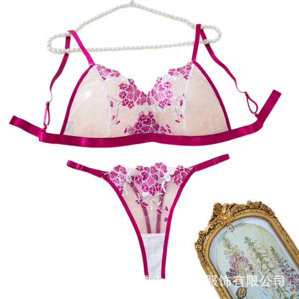 Ins style romantic floral lace sexy bra set - sheer mesh plus size erotic lingerie outfit with delicate embroidery and pearl ...