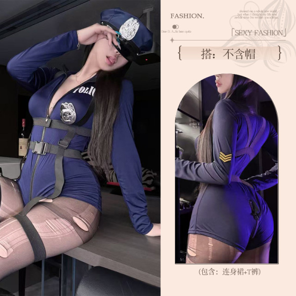 Rabbit Police Officer Lingerie Set - Seductive Sleepwear for Women, No-Remove Naughty Costume Outfit - Instructor [bodysuit + straps + hat + matching stockings]