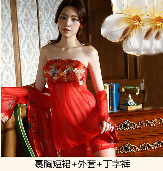 Dunhuang-Inspired Sheer Lingerie Set - Chinese Hanfu-Style Erotic Sleepwear for Women, No-Remove Design - 【1101+1288】Jacket + Bandeau + T-shirt