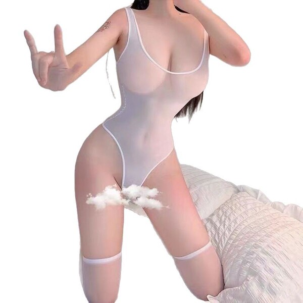 Japanese anime-inspired sheer bodysuit with open crotch design, cute hentai-inspired tank top set.
