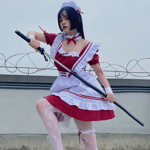 Japanese black and white maid dress cosplay costume, cute lolita outfit for women, plus size kawaii servant attire.