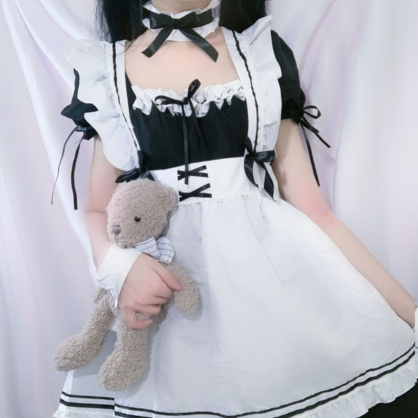 Japanese style black and white maid dress with lace trim & bow - cosplay costume & party outfit