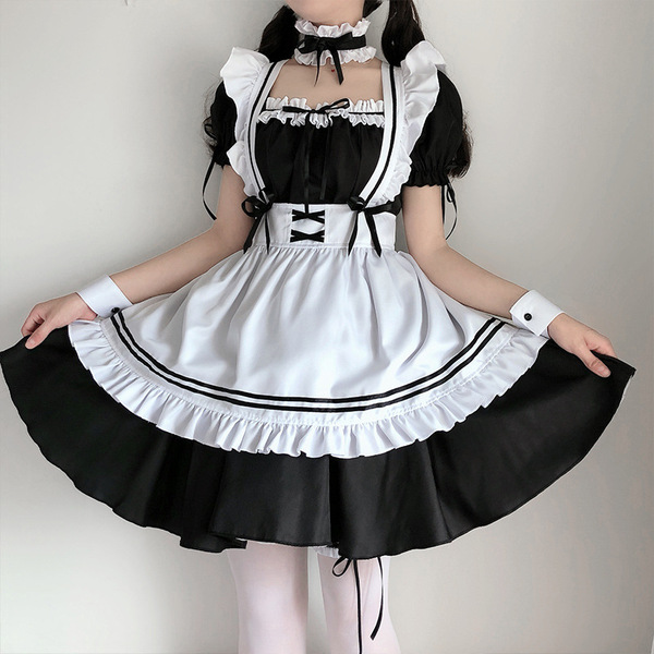 Japanese black and white maid dress for women, cute lolita cosplay costume, plus size kawaii uniform with ruffled details and...