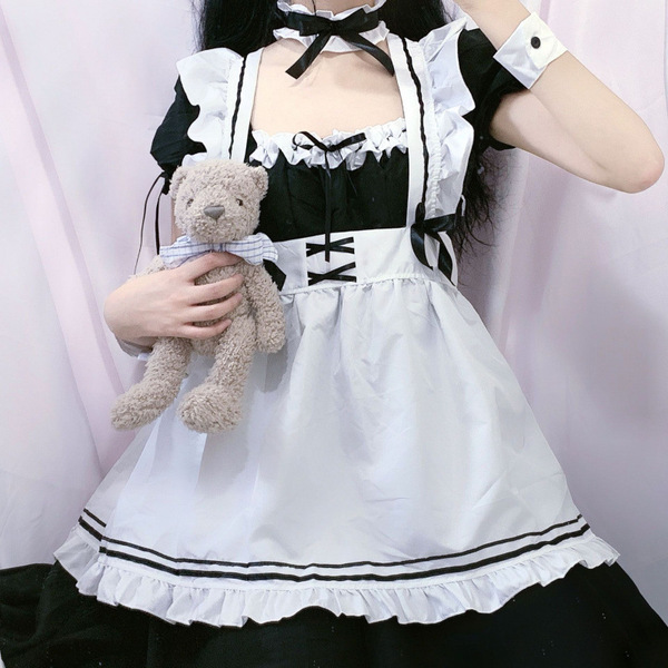Japanese style black and white maid dress with lace trim & bow - cosplay costume & party outfit