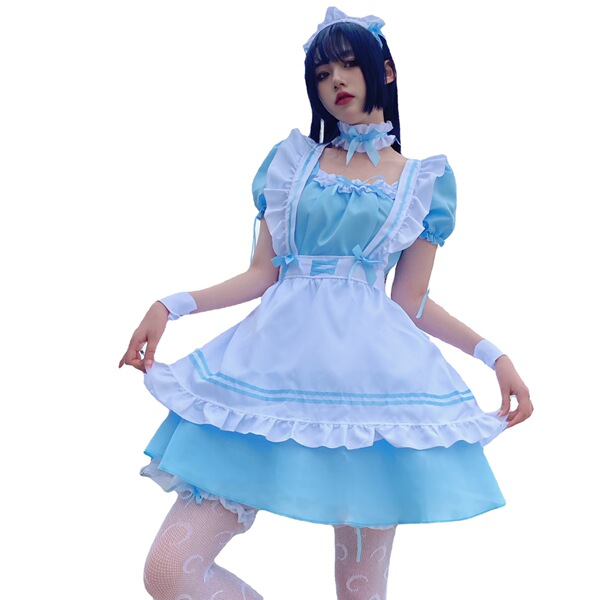 Japanese black and white maid dress for women, cute lolita cosplay costume, plus size kawaii servant outfit with ruffled slee...