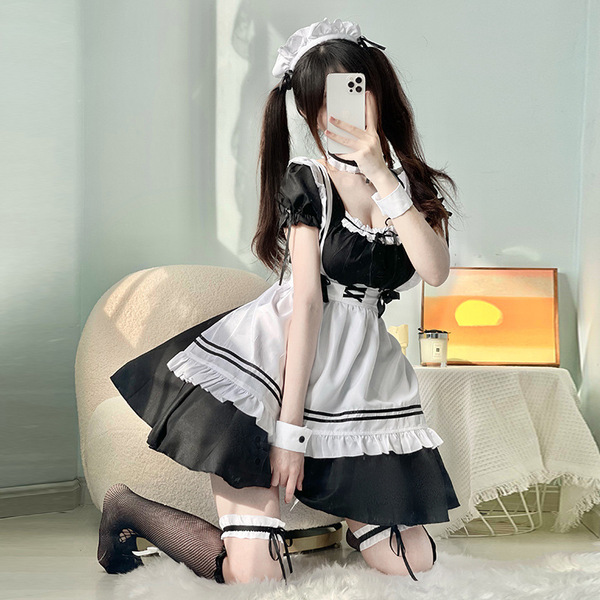 Japanese black and white maid dress with ruffled details, perfect for cosplay or lolita outfits. plus-size servant costume fe...