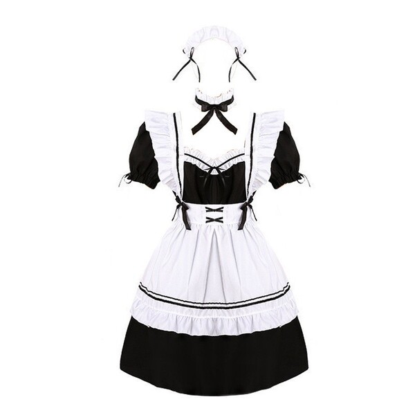 Japanese style black and white maid dress with lace trim & bow - cosplay costume & party outfit