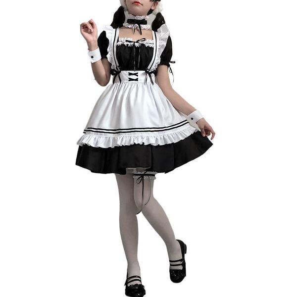 Japanese black and white maid dress for women, cute lolita cosplay costume, plus size kawaii uniform with ruffled skirt and b...