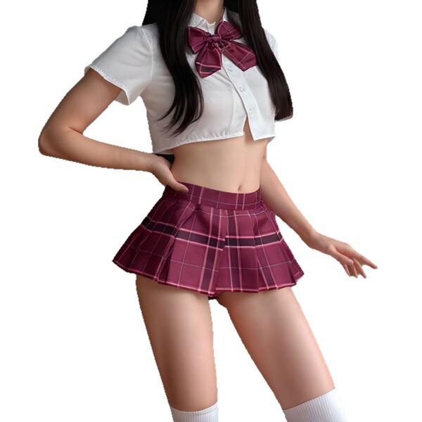 Japanese-style school uniform featuring a white cropped top with a bow tie and a pleated skirt, perfect for youthful fashion.