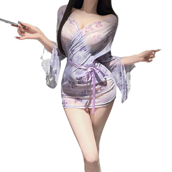 Japanese-style butterfly lace sleep robe set - sheer seductive kimono-inspired lingerie outfit, no-remove design