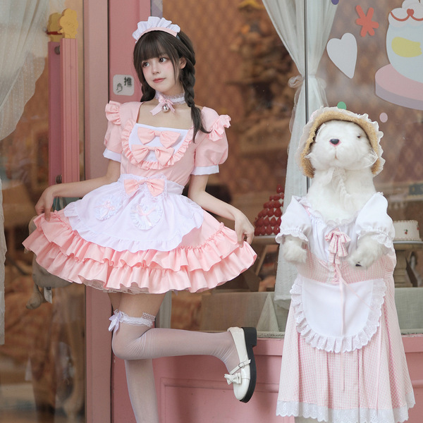Japanese style cosplay maid dress - cute pink soft girl uniform costume set for role play, featuring a charming pink outfit w...