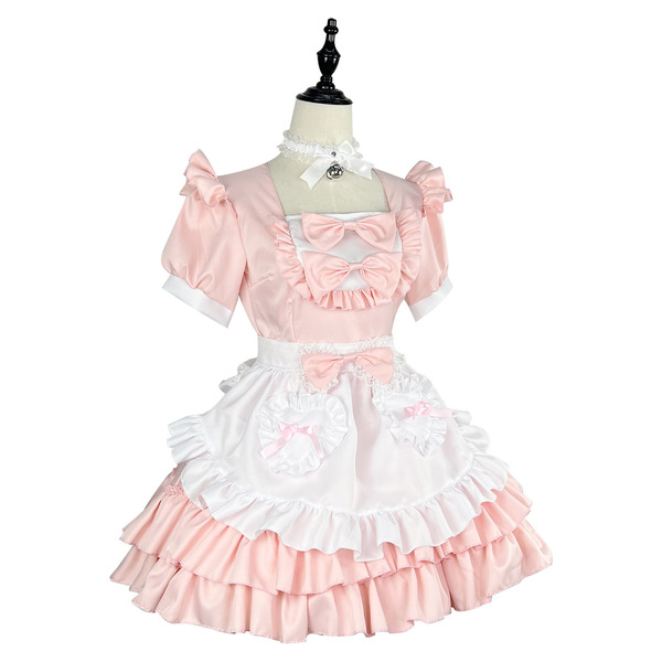 Japanese style cosplay maid dress - cute pink soft girl uniform costume set for role play, featuring ruffled sleeves and skir...