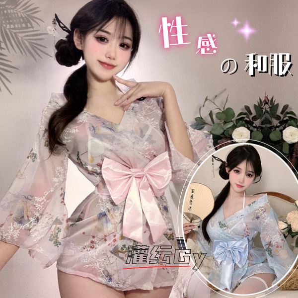 Japanese-style couples pajama set featuring matching kimonos, playful bedroom outfit with floral designs and bows.