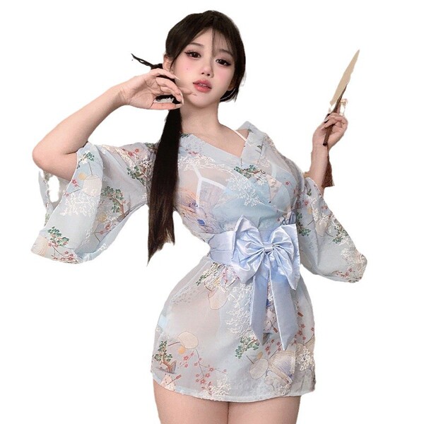 Japanese-style couples pajama set - matching kimono sleepwear for couples, playful bedroom outfit featuring floral patterns a...