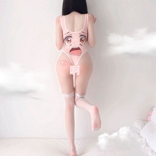 Japanese style cute anime lingerie bodysuit - smiley kawaii swimwear deadstock miko-inspired one-piece