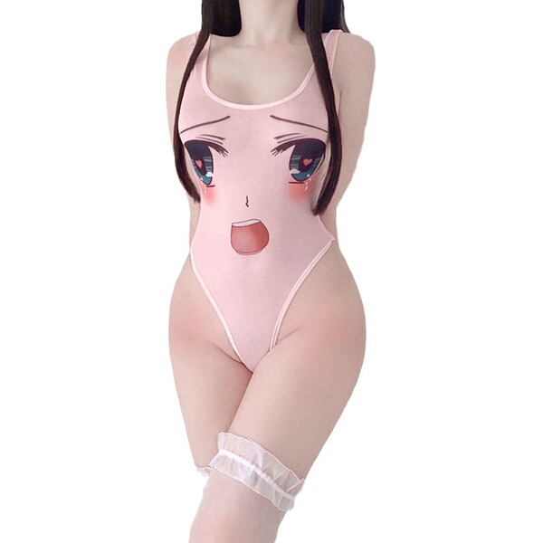 Japanese style cute anime smiley miko-inspired one-piece swimsuit featuring kawaii design, perfect deadstock miko-themed body...