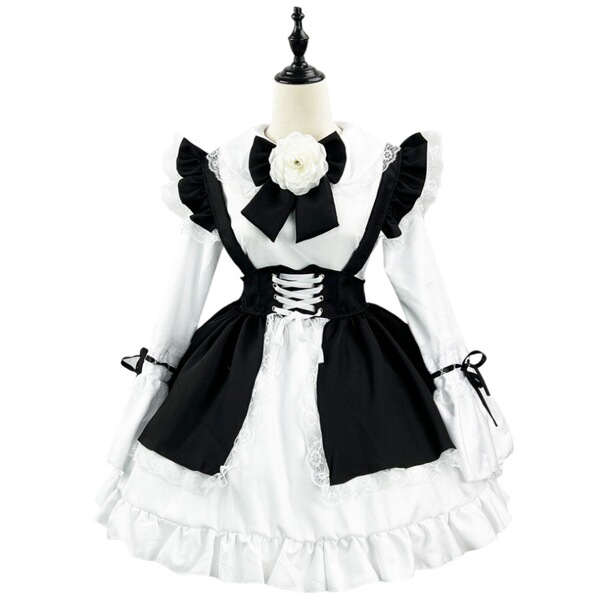 Japanese cute anime maid dress - soft girly lolita dress featuring white lace, black accents, and a floral bow, perfect for c...