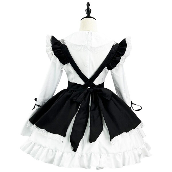 Japanese cute anime maid dress - soft girly lolita dress with white long sleeves, black ribbon belt, and fluffy ruffles for c...