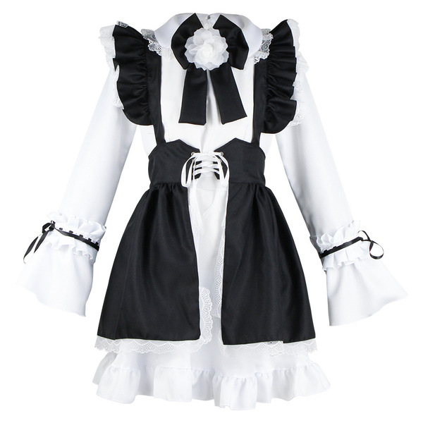 Japanese cute anime maid dress - soft girly lolita dress with white sleeves and black ribbon, perfect for cosplay, restaurant...